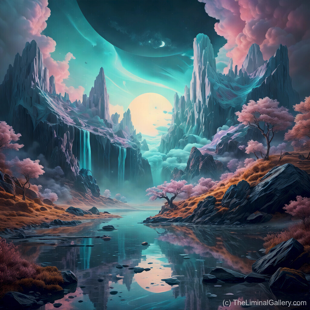 A dreamlike valley serves as a celestial oasis, where glowing rivers and vibrant landscapes merge into a surreal fantasy realm.